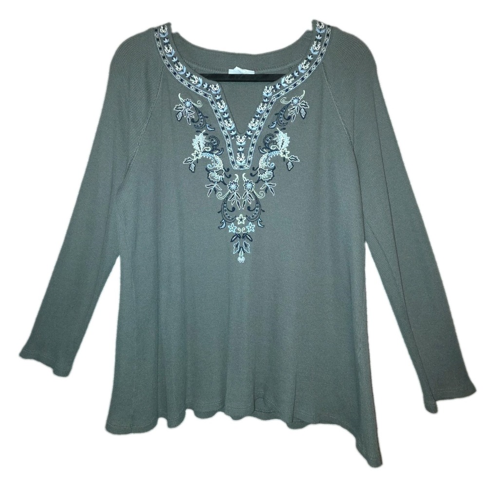 J. Jill Floral Embroidered Top Olive Green Waffle Thermal Henley Petite Large